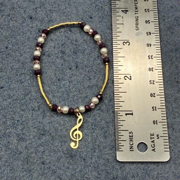 G Clef Charm Bracelet Stretch Gold Purple Pearl Music Musician Song Retro BoHo - Picture 6 of 6
